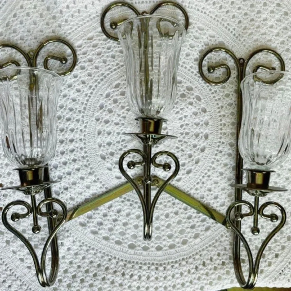 Vintage Victorian Brass Heart Crystal Wall Scones‎